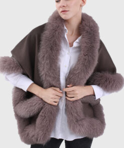 Iliad Women's Brown Real Alpaca Fur Cape - Brown Real Alpaca Fur Cape For Women -Front Open View