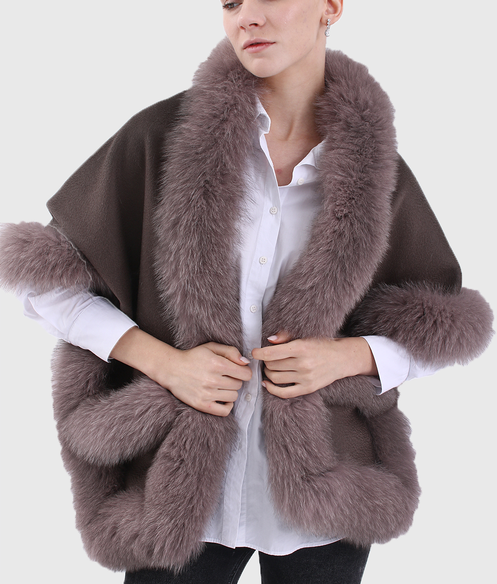 Iliad Women's Brown Real Alpaca Fur Cape - Brown Real Alpaca Fur Cape For Women -Front Open View