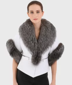 Isolde Women&rsquo;s Black Real Fox Fur Trim Jacket-Front