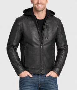 Jam Hooded Black Biker Leather Jacket-Front