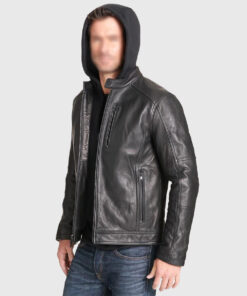 Jam Hooded Black Biker Leather Jacket - Front Hooded View