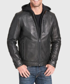 Jam Hooded Black Biker Leather Jacket - Front View