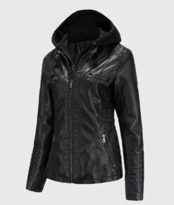 Jane Black Hooded Leather Jacket - Front