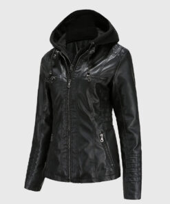 Jane Black Hooded Leather Jacket - Front