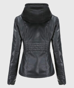 Jane Black Hooded Leather Jacket - Back View
