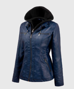 Jane Blue Hooded Leather Jacket - Front View