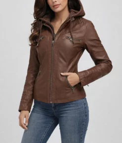 Jane Brown Hooded Leather Jacket | Women's Brown Hooded Leather Jacket-2