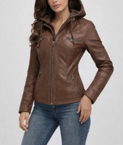 Jane Brown Hooded Leather Jacket | Women's Brown Hooded Leather Jacket-3