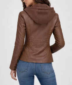 Jane Brown Hooded Leather Jacket | Women's Brown Hooded Leather Jacket-4