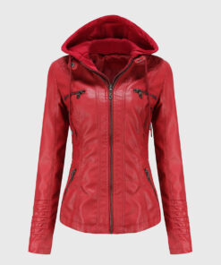 Jane Red Hooded Leather Jacket - Front View