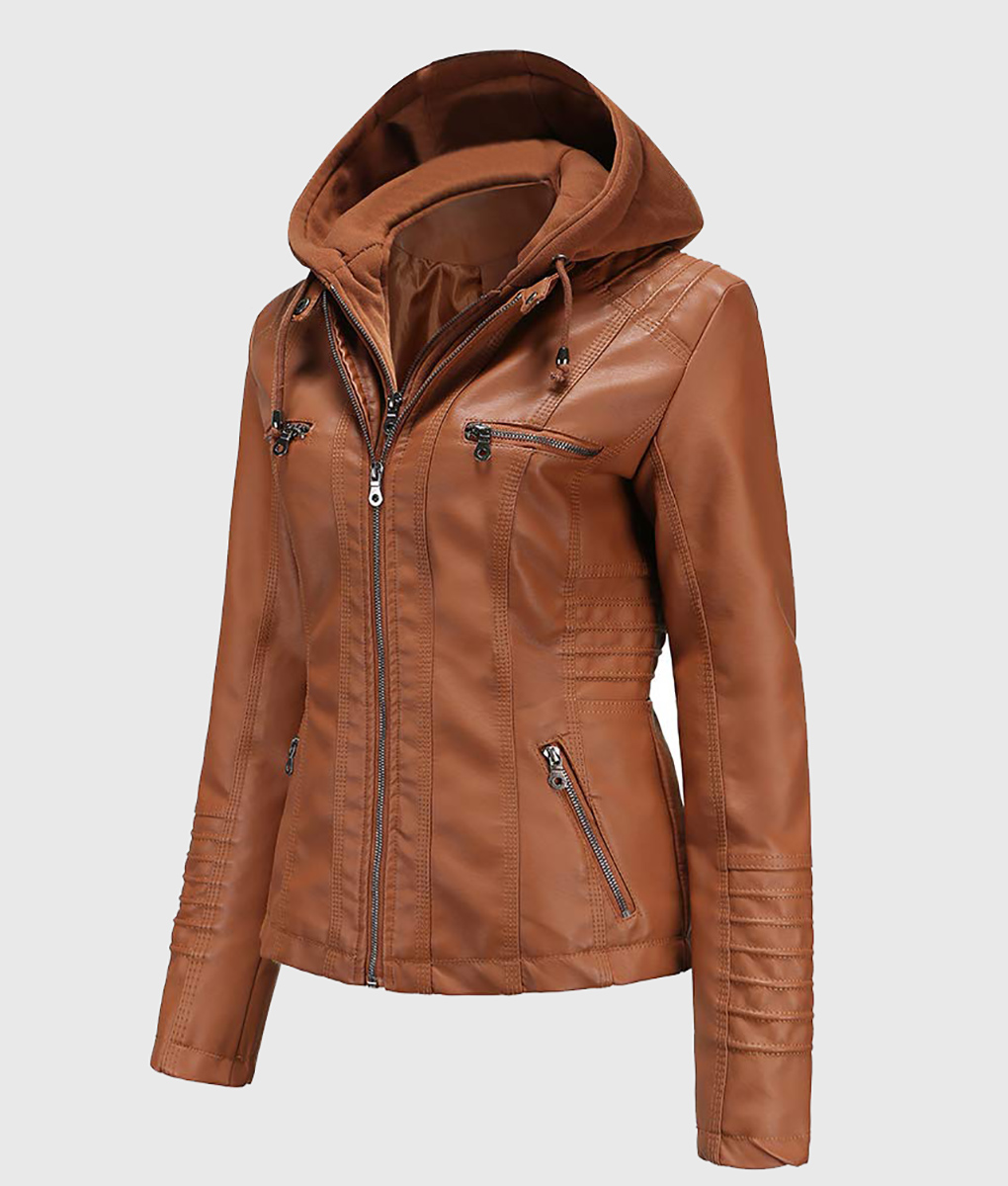 Jane Tan Hooded Leather Jacket - Front View