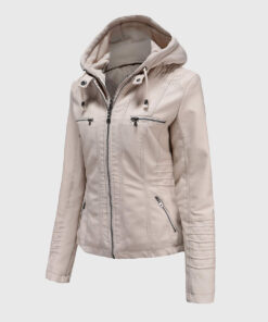 Jane White Hooded Leather Jacket - Front View