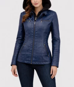 Jane Blue Hooded Leather Jacket | Women's Blue Hooded Leather Jacket-2