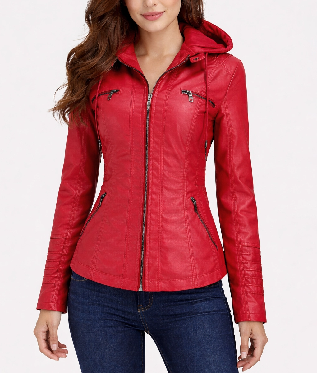 Jane Womens Red Hooded Leather Jacket | Women's Red Hooded Leather Jacket-4