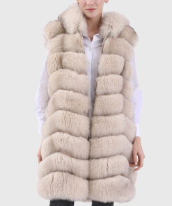 Jocasta Women's White Hooded Real Fox Fur Vest - White Hooded Real Fox Fur Vest For women - Front Open View