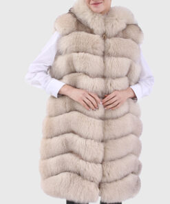 Jocasta Women's White Hooded Real Fox Fur Vest - White Hooded Real Fox Fur Vest For women - Front Close View