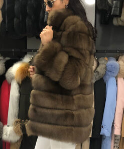 Jovienne Women's Brown Real Fox Fur Coat - Brown Real Fox Fur Coat For Women - Side View