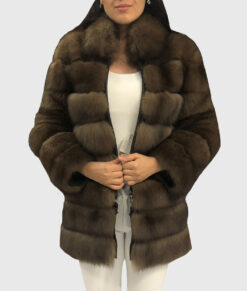 Jovienne Women's Brown Real Fox Fur Coat - Brown Real Fox Fur Coat For Women - Front Open View
