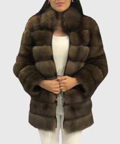 Jovienne Women's Brown Real Fox Fur Coat - Brown Real Fox Fur Coat For Women - Front Open View