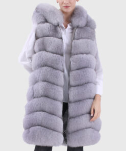 Kira Women's Blue Hooded Real Fox Fur Vest - Blue Hooded Real Fox Fur Vest For Women - Front Open View
