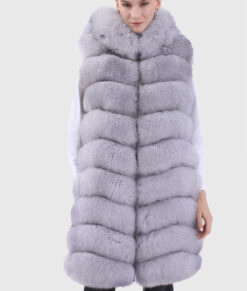 Kira Women's Blue Hooded Real Fox Fur Vest - Blue Hooded Real Fox Fur Vest For Women - Front Close View