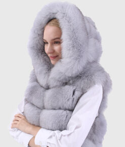 Kira Women's Blue Hooded Real Fox Fur Vest | NYC Jackets