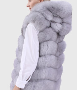 Kira Women's Blue Hooded Real Fox Fur Vest - Blue Hooded Real Fox Fur Vest For Women - Side View