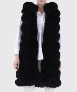 Lavinia Women's Black Hooded Real Fox Fur Vest - Black Hooded Real Fox Fur Vest For Women - Front Open View