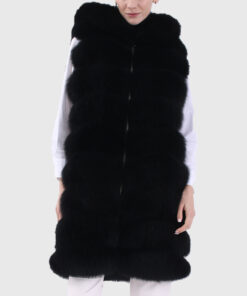Lavinia Women's Black Hooded Real Fox Fur Vest - Black Hooded Real Fox Fur Vest For Women - Front Close View