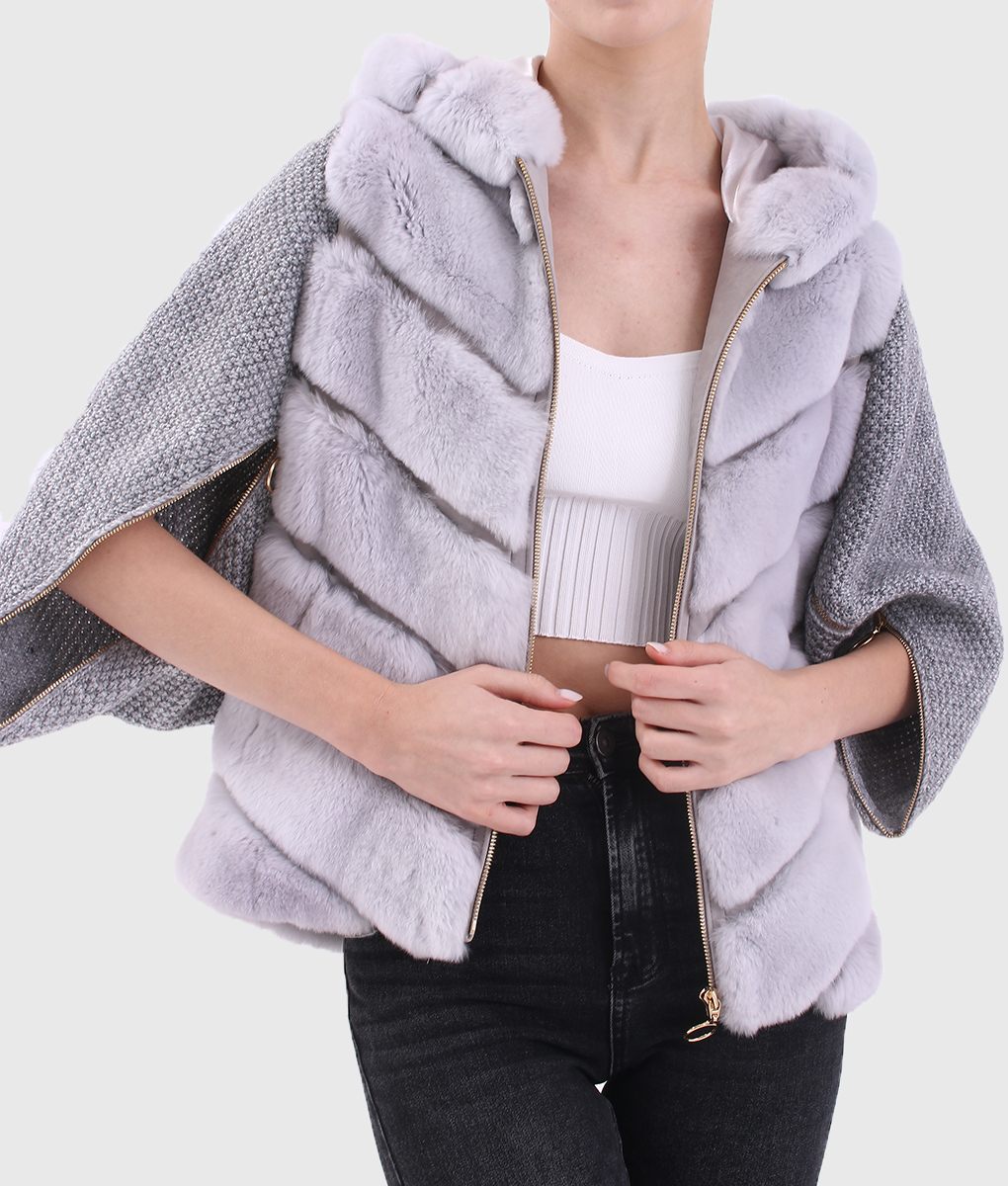 Leonora Women's Blue Hooded Real Rex Rabbit Fur Jacket | NYC Jackets