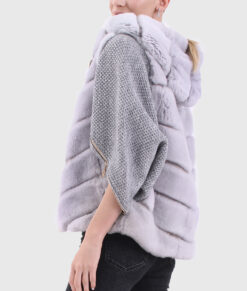 Leonora Women's Blue Hooded Real Rex Rabbit Fur Jacket - Blue Hooded Real Rex Rabbit Fur Jacket For women - Side View