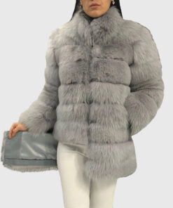 Liora Women's Grey Real Fox Fur Coat - Grey Real Fox Fur Coat For Women - Front View