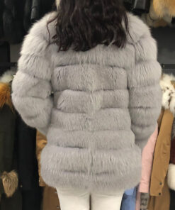 Liora Women's Grey Real Fox Fur Coat - Grey Real Fox Fur Coat For Women - Back View