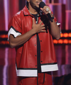 Ludacris iHeartRadio Red Leather Shirt Jacket - iHeartRadio Music Awards Ludacris Red Leather Shirt Jacket - Front View