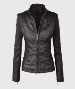 Mia Black Moto Biker Leather Jacket - Front View