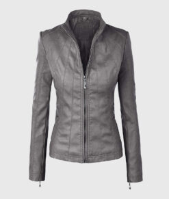 Mia Grey Moto Biker Leather Jacket - Front View