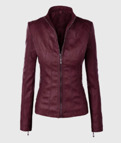 Mia Maroon Moto Biker Leather Jacket - Front View