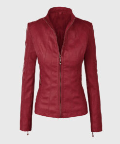 Mia Red Moto Biker Leather Jacket - Front View