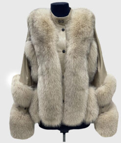Mireille Women's White Real Fox Fur Trim Jacket - White Real Fox Fur Trim Jacket For Women - Front View