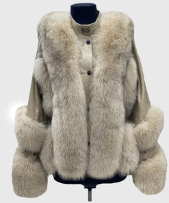 Mireille Women's White Real Fox Fur Trim Jacket - White Real Fox Fur Trim Jacket For Women - Front View