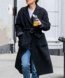 Natalie Portman Long Black Wool Coat - Natalie Portman Long Black Wool Coat - Front View3