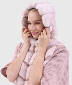 Nola Women's Pink Hooded Real Rex Rabbit Fur Jacket - Pink Hooded Real Rex Rabbit Fur Jacket For Women - Hooded VIew