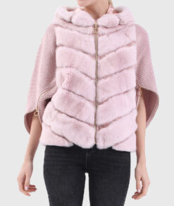 Nola Women's Pink Hooded Real Rex Rabbit Fur Jacket - Pink Hooded Real Rex Rabbit Fur Jacket For Women - Close Front View