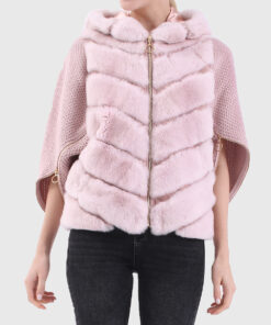 Nola Women's Pink Hooded Real Rex Rabbit Fur Jacket - Pink Hooded Real Rex Rabbit Fur Jacket For Women - Close Front View