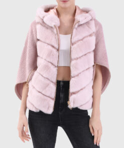 Nola Women's Pink Hooded Real Rex Rabbit Fur Jacket - Pink Hooded Real Rex Rabbit Fur Jacket For Women - Open Front View