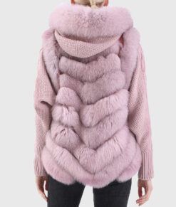 Nola Women's Pink Hooded Real Rex Rabbit Fur Jacket - Pink Hooded Real Rex Rabbit Fur Jacket For Women - Back View