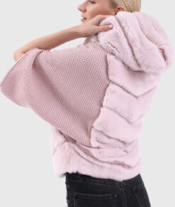 Nola Women's Pink Hooded Real Rex Rabbit Fur Jacket - Pink Hooded Real Rex Rabbit Fur Jacket For Women - Side View