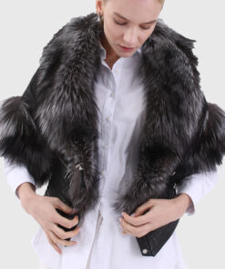 Noreen Women's Black Real Fox Fur Trim Jacket - Black Real Fox Fur Trim Jacket For Women - Front open View