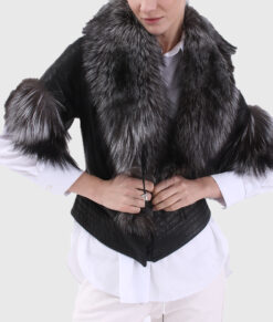 Noreen Women's Black Real Fox Fur Trim Jacket - Black Real Fox Fur Trim Jacket For Women - Front Closer View