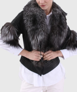 Noreen Women's Black Real Fox Fur Trim Jacket - Black Real Fox Fur Trim Jacket For Women - Front Closer View